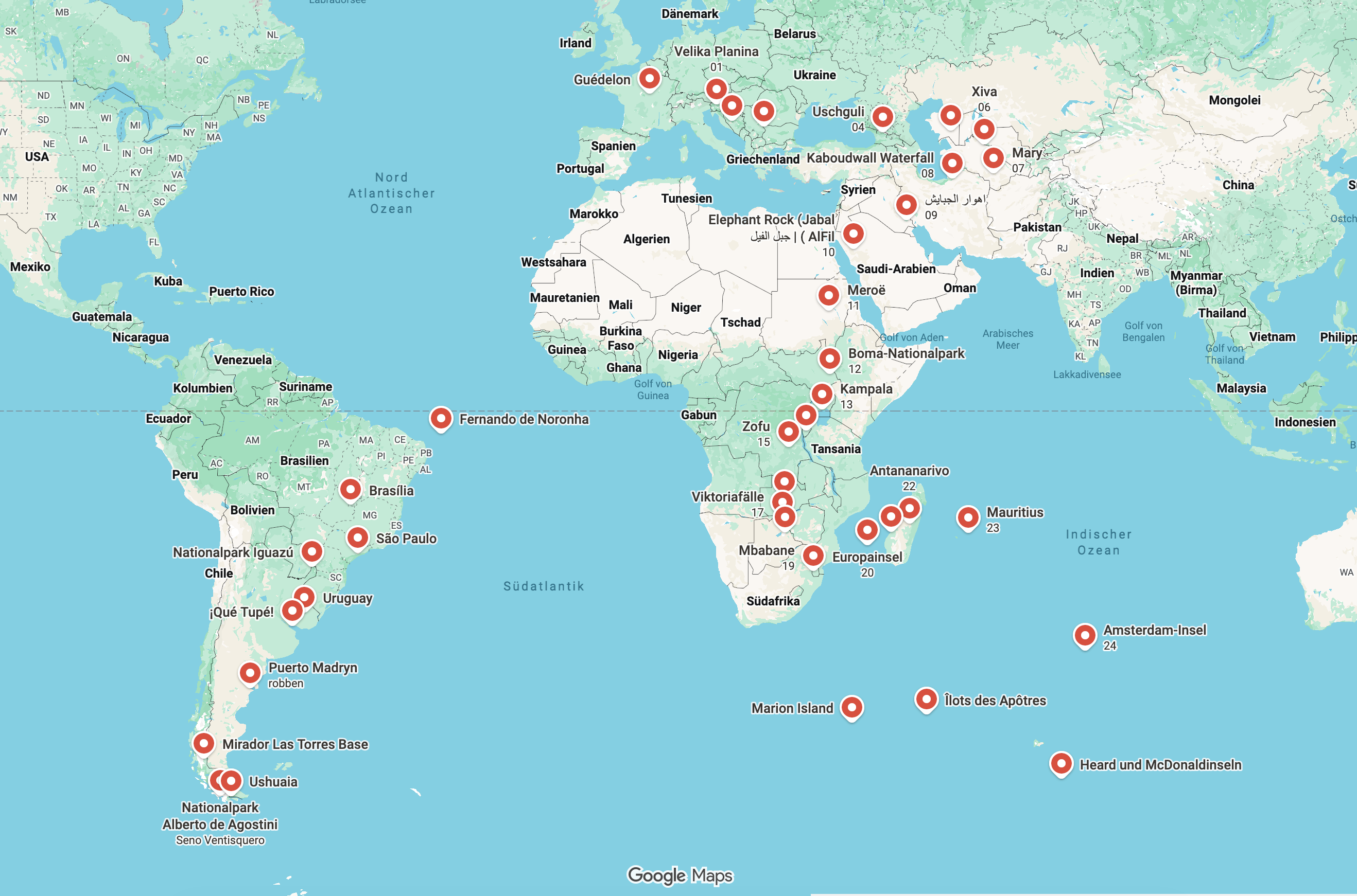 screenshot of google maps with the painted destinations